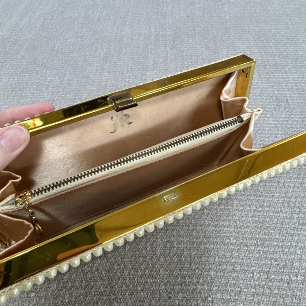 Vintage Faux Pearl Clutch Purse Gold Tone Frame Bag Mid Century MCM Glam Classy